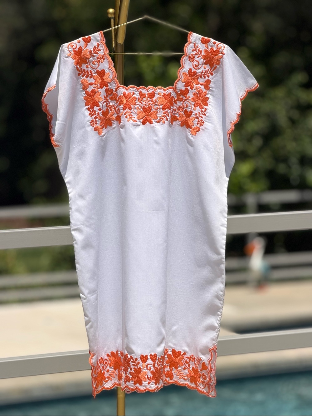 White Tunic Dress with Orange Floral Embroidery